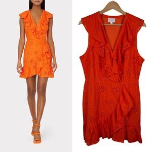 Milly Novi‎ Eyelet Wrap Dress Sz 12 Orange Wrap Sleeveless Party Summer Wedding